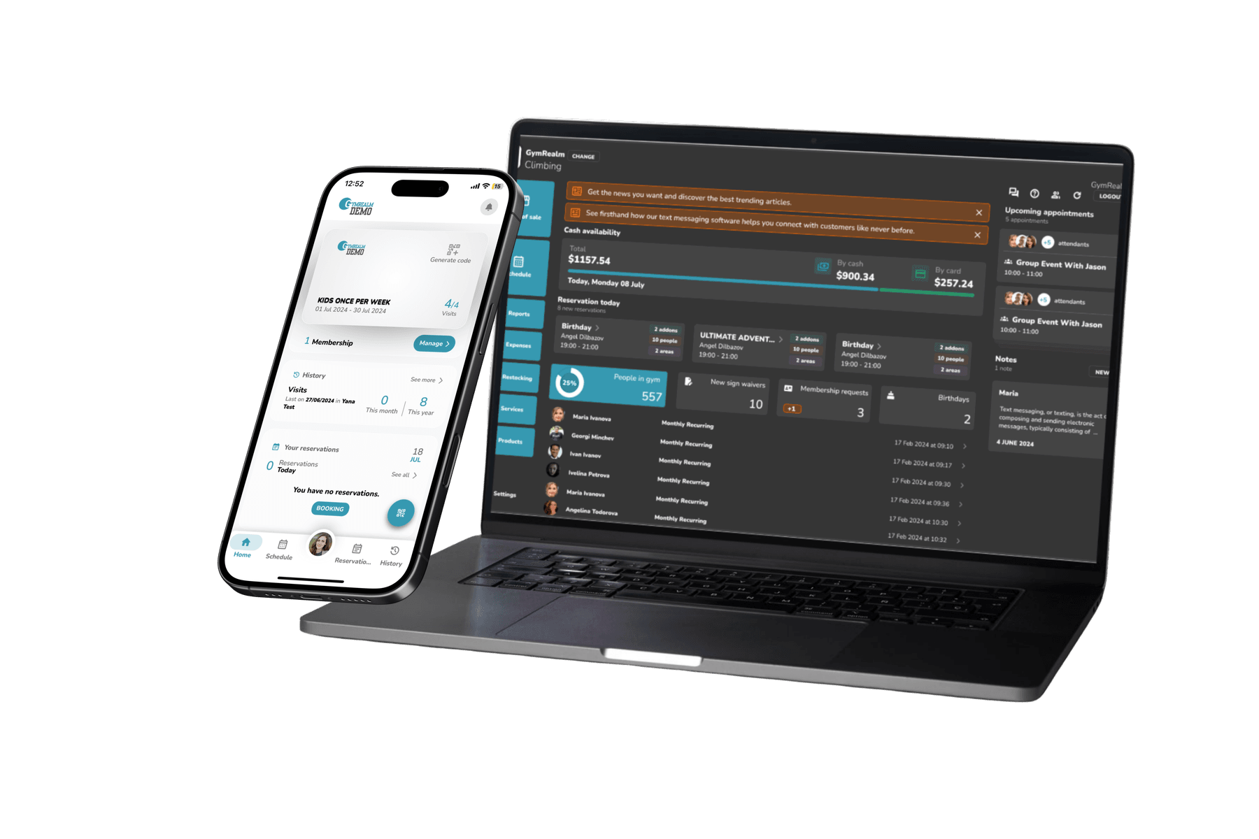Dashboard di GymRealm Manager su laptop e app per i soci su smartphone